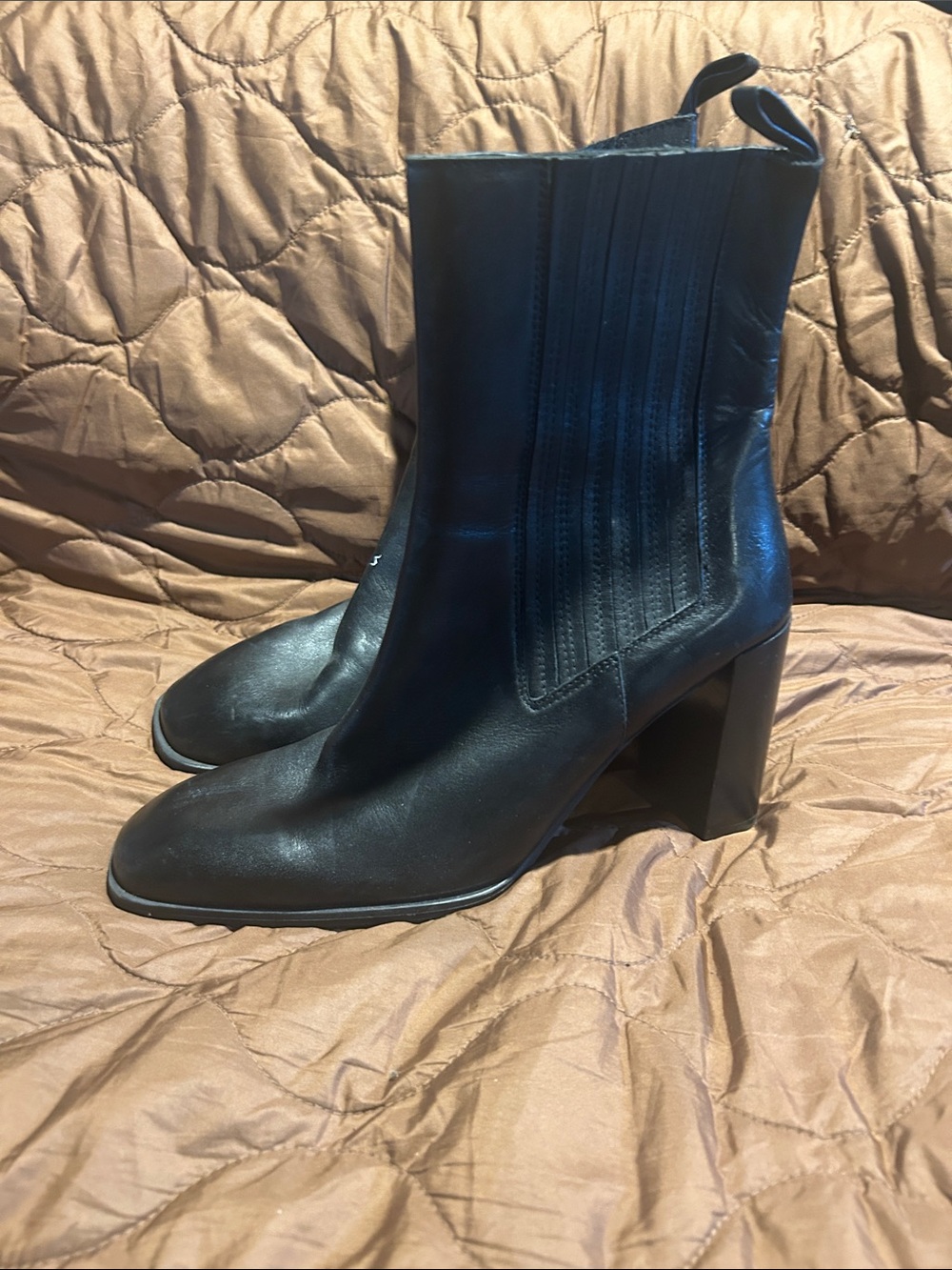 Zara Black Leather Mid-Calf Block Heel Ankle Boots